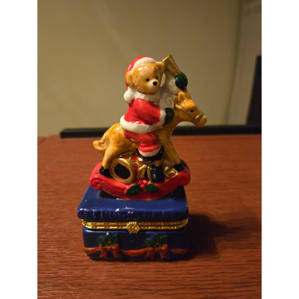 Christmas Teddy Bear Rocking Horse Ceramic‎ Hinged Trinket Box Holiday Decor